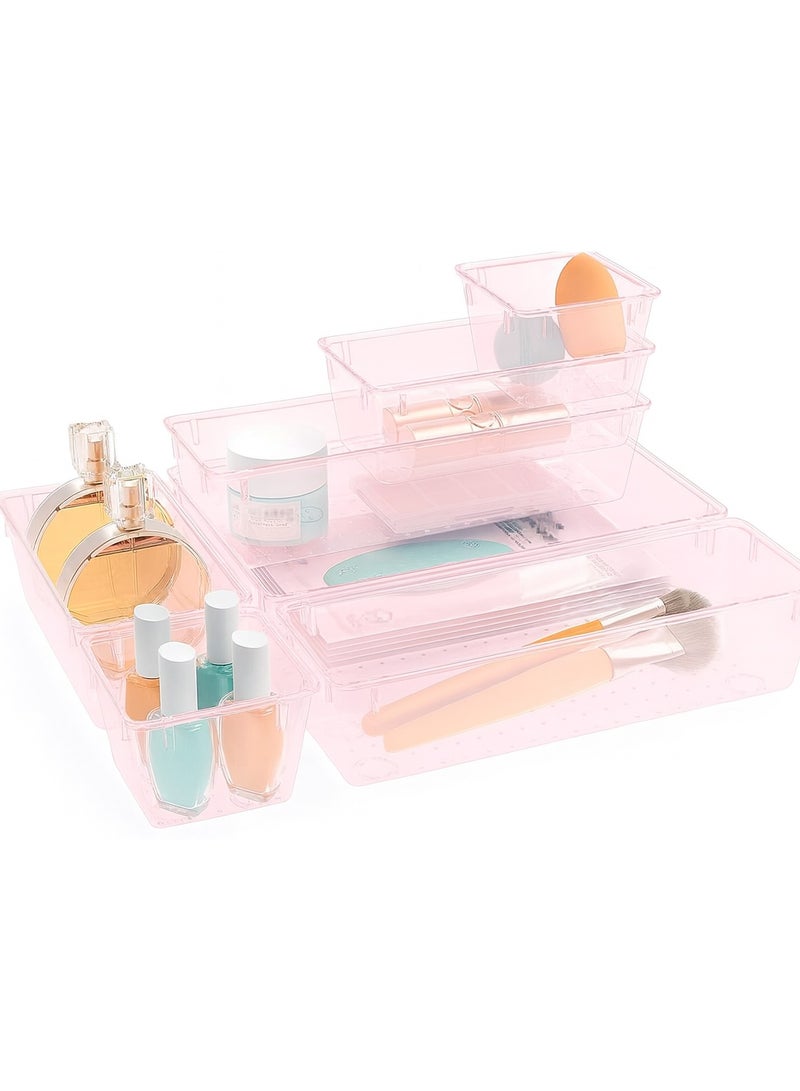 Imported 7-piece pink clear plastic drawer organizer set, 4 desk drawer trays for organizing makeup, tableware, and office accessories - Image 1