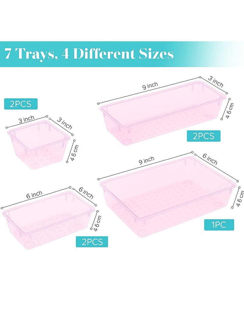 Imported 7-piece pink clear plastic drawer organizer set, 4 desk drawer trays for organizing makeup, tableware, and office accessories - Image 2