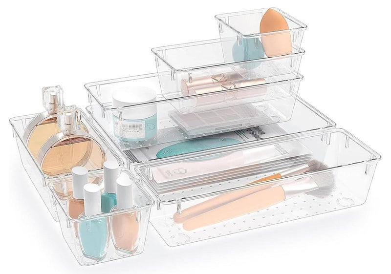 Imported 7-piece pink clear plastic drawer organizer set, 4 desk drawer trays for organizing makeup, tableware, and office accessories - Image 1