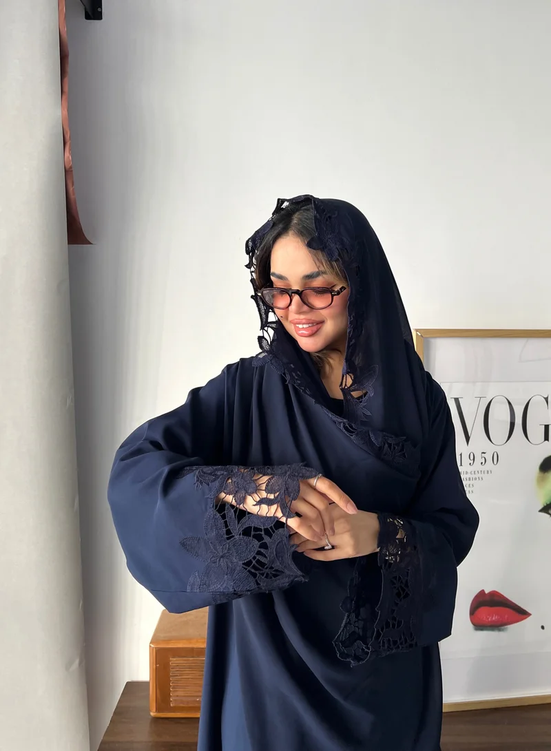 Lusin Abaya Navy Abaya with Floral Embroidery on the Sleeves and Matching Scarf