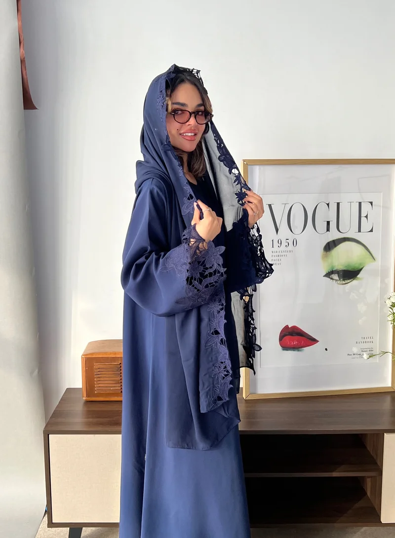 Lusin Abaya Navy Abaya with Floral Embroidery on the Sleeves and Matching Scarf