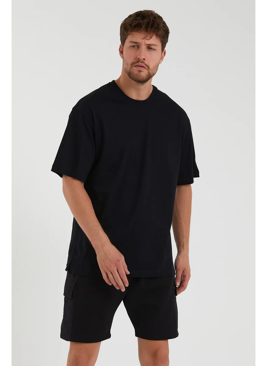 MRS Clothing Oversize Printed Slit Detailed Wide Fit Crew Neck Men's Short Sleeve Black T-Shirt