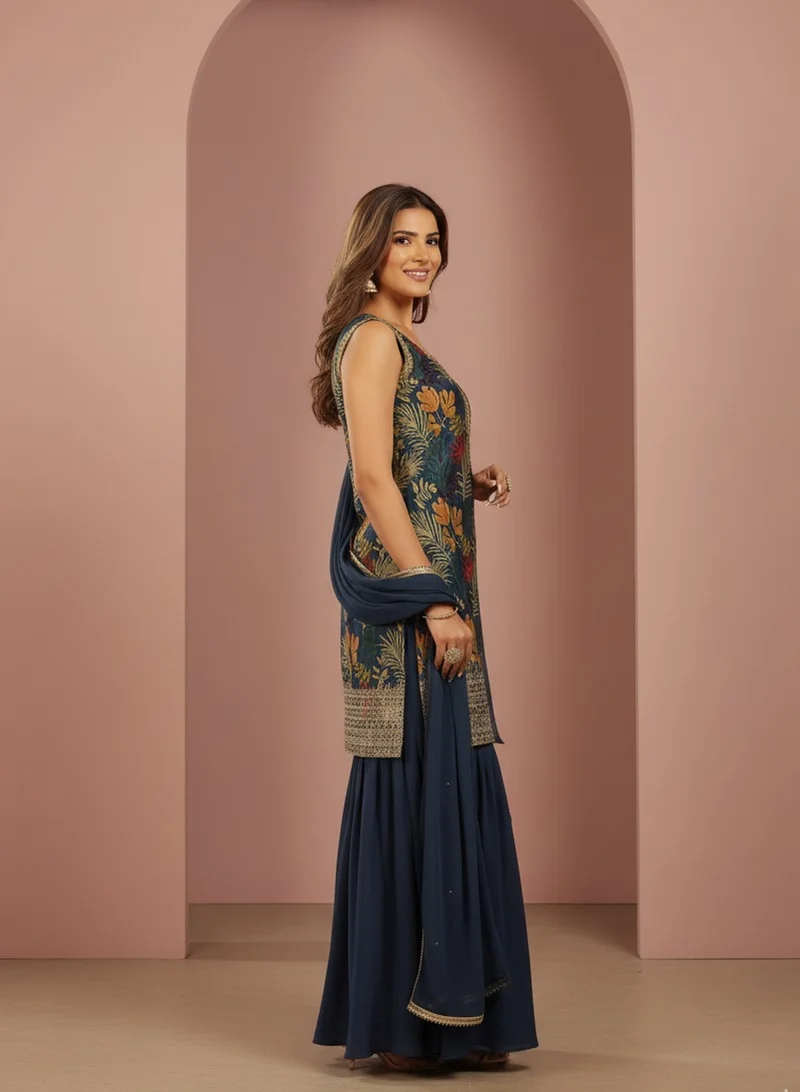 Lehar Floral Printed & Embroidered Sleeveless Sharara  Set