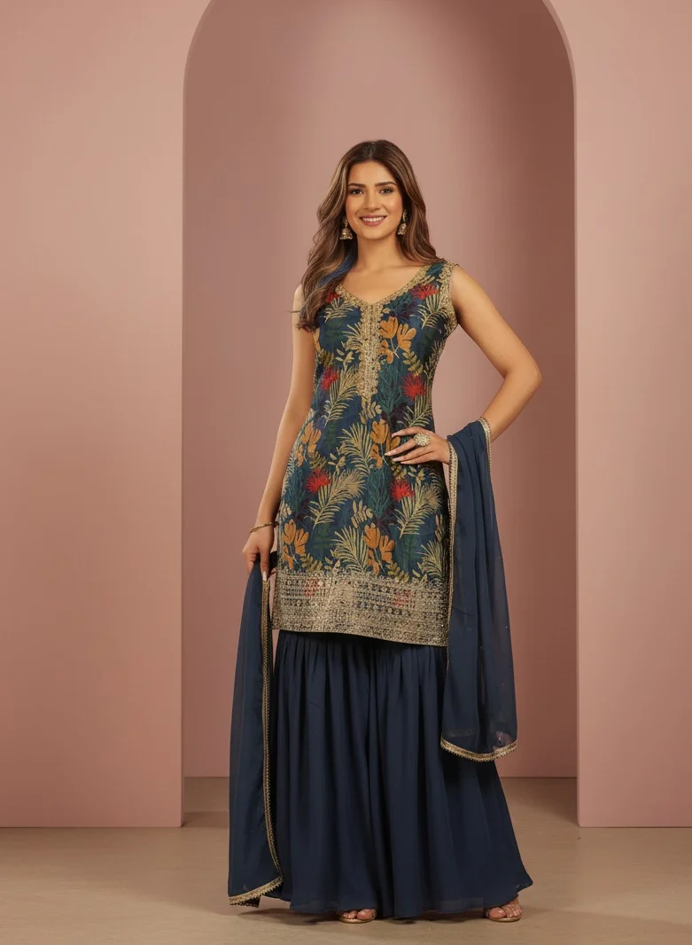 Lehar Floral Printed & Embroidered Sleeveless Sharara  Set