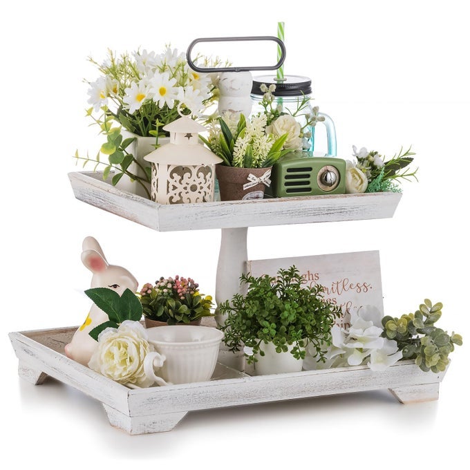 WOODEN TIERED TRAY DECOR RUSTIC WOOD 2 TIER STAND FARMHOUSE DECORATIVE TRAY TWO RECTANGLE FOR KITCHEN COUNTER CENTERPIECES COFFEE BAR EASTER FALL HALLOWEEN THANKSGIVING CHRISTMAS DECORS