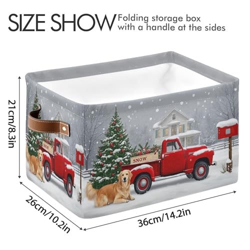 Wamika Christmas Tree Red Truck Storage Basket Fabric Laundry Baskets Winter Snowman Snowflake Golden Retriever Dog Storage Boxes Organizer Bag for Cloth Toy Book Storage Cubes Shelf Closet Bins 16×12×8 - Image 3