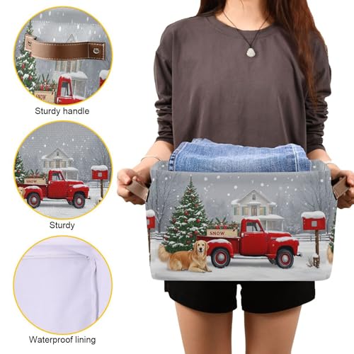 Wamika Christmas Tree Red Truck Storage Basket Fabric Laundry Baskets Winter Snowman Snowflake Golden Retriever Dog Storage Boxes Organizer Bag for Cloth Toy Book Storage Cubes Shelf Closet Bins 16×12×8 - Image 5