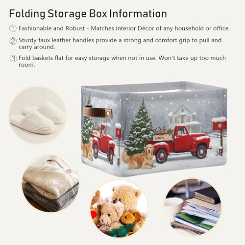 Wamika Christmas Tree Red Truck Storage Basket Fabric Laundry Baskets Winter Snowman Snowflake Golden Retriever Dog Storage Boxes Organizer Bag for Cloth Toy Book Storage Cubes Shelf Closet Bins 16×12×8 - Image 4
