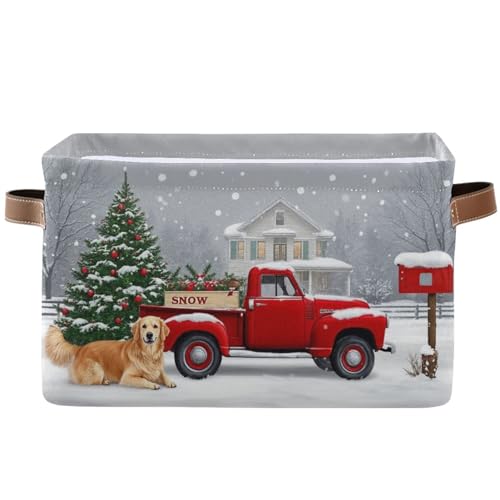 Wamika Christmas Tree Red Truck Storage Basket Fabric Laundry Baskets Winter Snowman Snowflake Golden Retriever Dog Storage Boxes Organizer Bag for Cloth Toy Book Storage Cubes Shelf Closet Bins 16×12×8 - Image 1