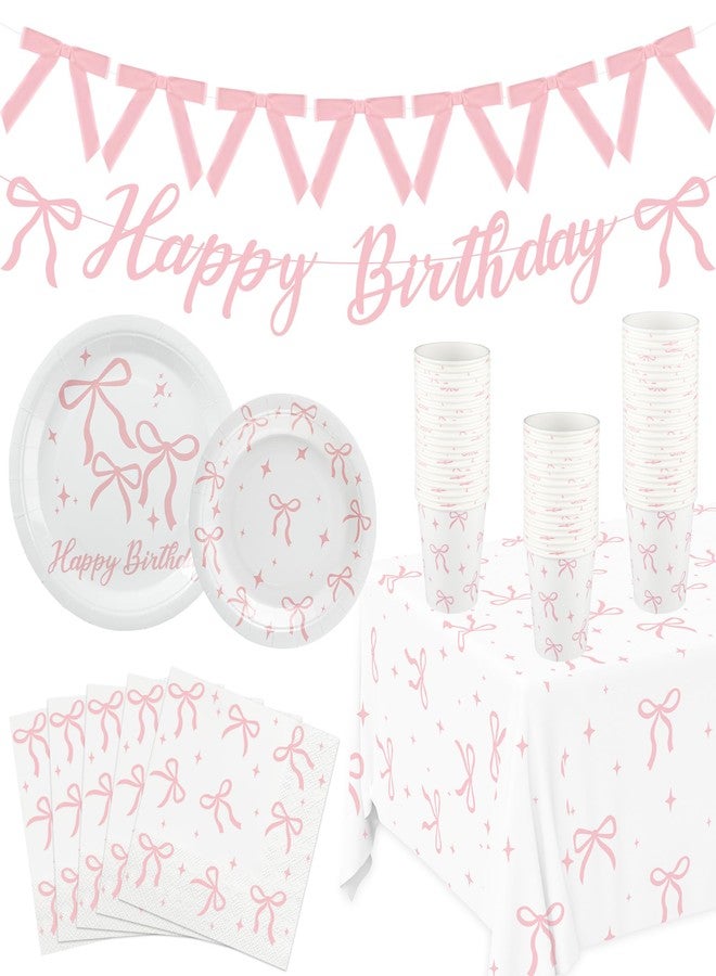 Maniaacer Pink Bow Birthday Party Supplies Pink Bow Tableware Set Coquette Birthday Decor Includes Paper Plates Napkins Cups Tablecloth Banner for Bachelorette Bridal Coquette Party Supplies, Serve 25 - Image 1