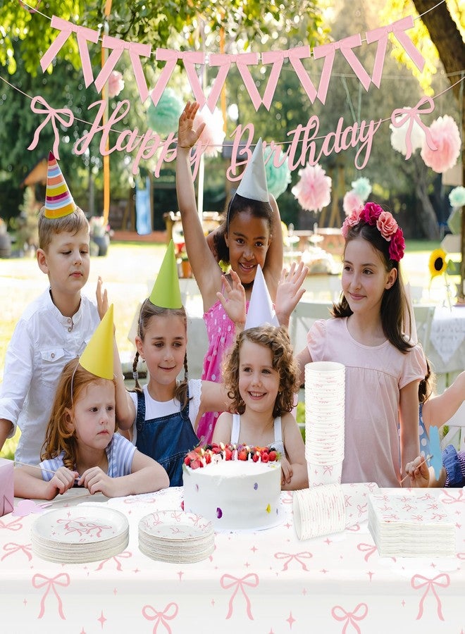 Maniaacer Pink Bow Birthday Party Supplies Pink Bow Tableware Set Coquette Birthday Decor Includes Paper Plates Napkins Cups Tablecloth Banner for Bachelorette Bridal Coquette Party Supplies, Serve 25 - Image 4