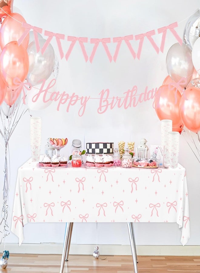 Maniaacer Pink Bow Birthday Party Supplies Pink Bow Tableware Set Coquette Birthday Decor Includes Paper Plates Napkins Cups Tablecloth Banner for Bachelorette Bridal Coquette Party Supplies, Serve 25 - Image 5