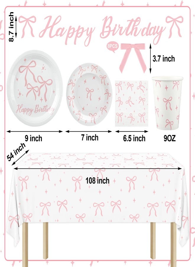 Maniaacer Pink Bow Birthday Party Supplies Pink Bow Tableware Set Coquette Birthday Decor Includes Paper Plates Napkins Cups Tablecloth Banner for Bachelorette Bridal Coquette Party Supplies, Serve 25 - Image 2