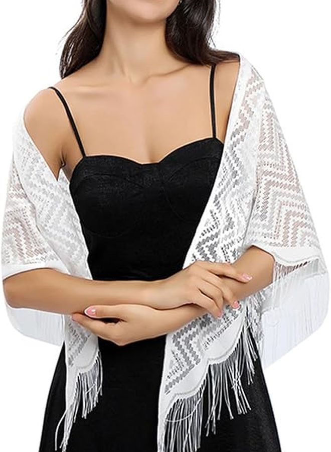 Black Triangle Lace Scarf Shawl With Tassels For Wedding Formal Evening Dress - Image 4