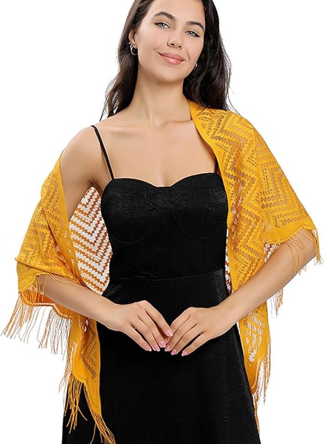 Black Triangle Lace Scarf Shawl With Tassels For Wedding Formal Evening Dress - Image 5