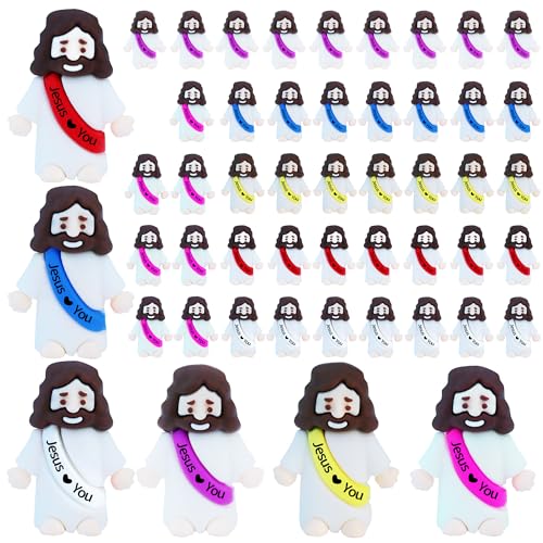 ILHSTY 50 Pcs Little Jesus Figures Rubber Mini Jesus Figurines in Bulk Christian Doll Tiny Baby Jesus Loves You Figures for Hide and Seek Easter Egg Fillers Egg Hunt Religious Party FavorsMix Color 6 - Image 1