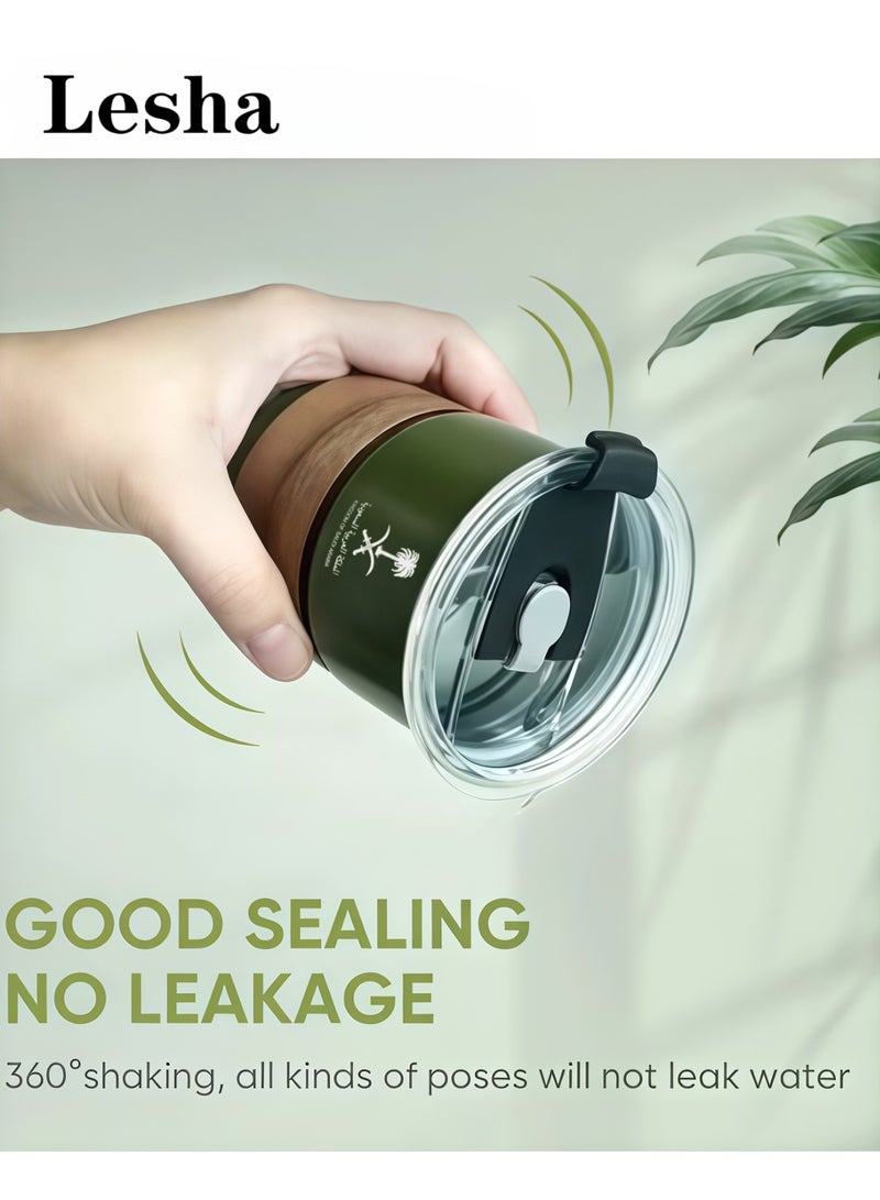 Lesha Arabic Coffee & Tea cup – Saudi Logo Design, 304 Stainless Steel Hot and Cold Drink Portable Mug with Palm Tree & Camel Design – Middle Eastern Inspired cup for Home and Outdoor Camping(Army Green, 300ml) - Image 4