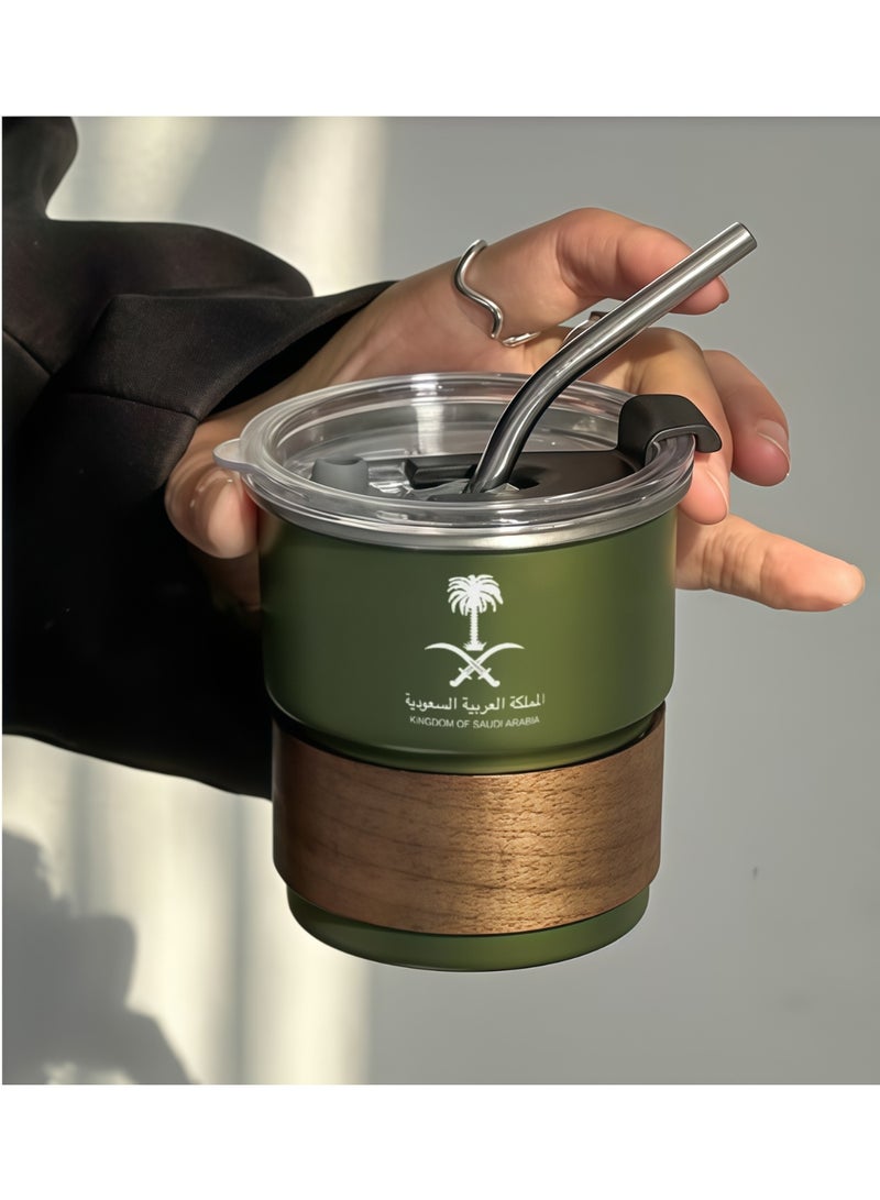 Lesha Arabic Coffee & Tea cup – Saudi Logo Design, 304 Stainless Steel Hot and Cold Drink Portable Mug with Palm Tree & Camel Design – Middle Eastern Inspired cup for Home and Outdoor Camping(Army Green, 300ml) - Image 1