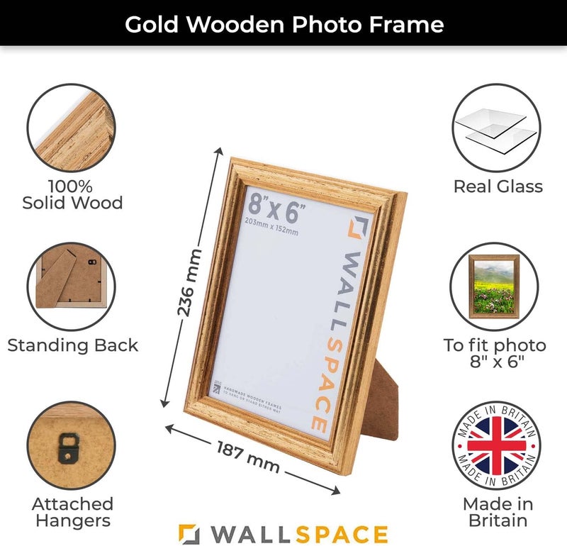 Wall Space 8x6 Gold Frame | Gold Picture Frame 8x6 inches | 8 x 6 inch Gold Photo Frame | 8x6 Gold Frame | 6x8 Gold Picture Frame made from REAL WOOD with REAL GLASS | Gold 8x6 Frame | 6x8 Frame Gold Light sturdy raw material - Image 2
