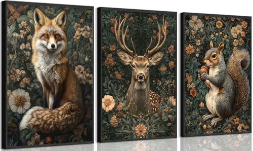 NOHHPYL 3Pcs Dark Forest Animals Wall Art Vintage Fox Deer Squirrel Painting Picture Wall Decor Victorian Gothic Botanical Flower Poster Print Artwork for Living Room Home Decoration 12x16in Unframed - Image 1