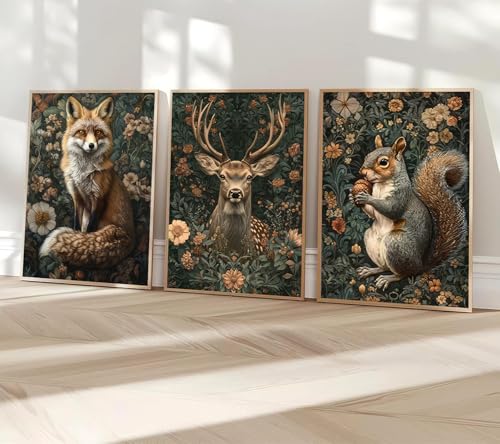 NOHHPYL 3Pcs Dark Forest Animals Wall Art Vintage Fox Deer Squirrel Painting Picture Wall Decor Victorian Gothic Botanical Flower Poster Print Artwork for Living Room Home Decoration 12x16in Unframed - Image 3