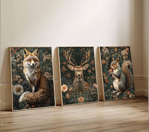 NOHHPYL 3Pcs Dark Forest Animals Wall Art Vintage Fox Deer Squirrel Painting Picture Wall Decor Victorian Gothic Botanical Flower Poster Print Artwork for Living Room Home Decoration 12x16in Unframed - Image 4