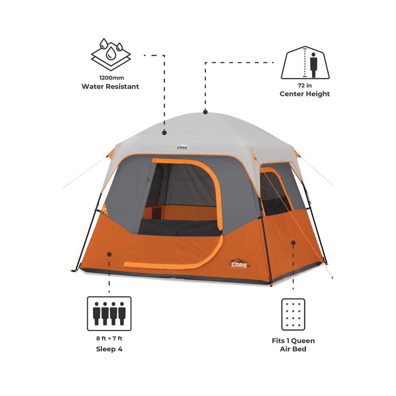 CORE 4 Person Cabin Tent | Portable Family Tent with Carry Bag for Outdoor Car Camping | Included Gear Loft for Camping Accessories - Image 4