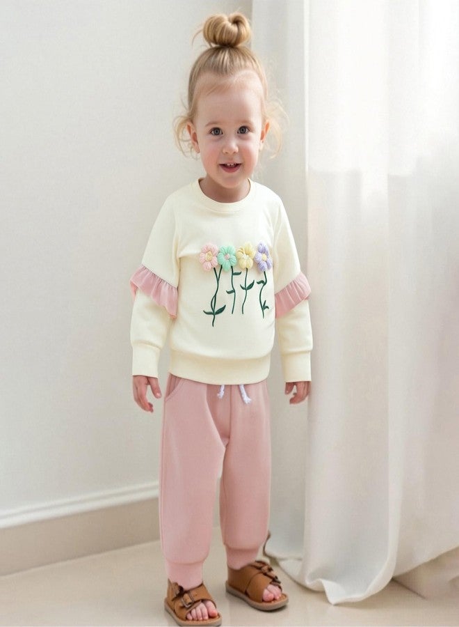 MERSARIPHY Toddler Baby Girl Outfits Cute 3D Flower Long Sleeve Sweatshirt Tops Pants Set 2Pcs Floral Fall Winter Clothes (Pink, 2-3T) - Image 2