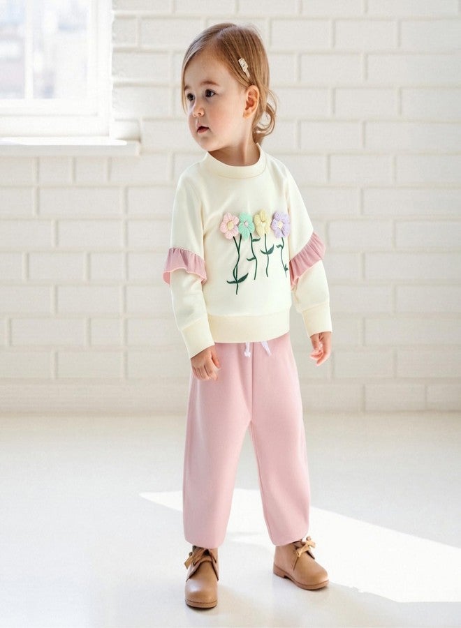 MERSARIPHY Toddler Baby Girl Outfits Cute 3D Flower Long Sleeve Sweatshirt Tops Pants Set 2Pcs Floral Fall Winter Clothes (Pink, 2-3T) - Image 3