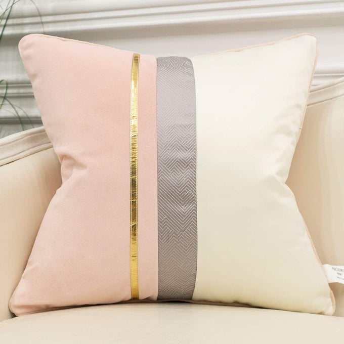 18 x 18 Inches Pink White Gold Leather Striped Patchwork Velvet Cushion Case Luxury Modern Throw Pillow Cover Decorative Pillow for Couch Living Room Bedroom Car