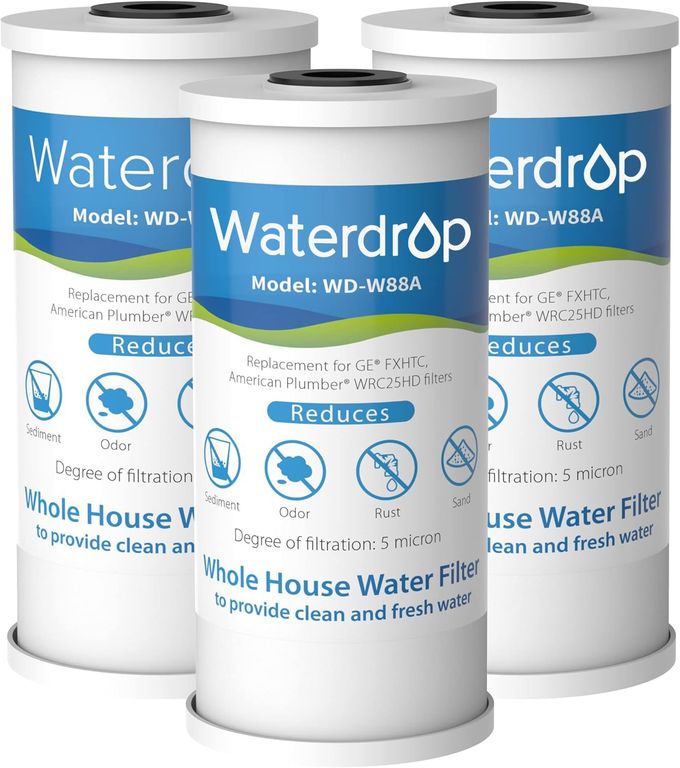 Waterdrop FXHTC Whole House Carbon Water Filter, Replacement for GE® FXHTC, GXWH40L, GXWH35F, Culligan® RFC-BBSA, American Plumber W10-PR, W10-BC, WRC25HD, 10" x 4.5" Cartridge, 5 Micron, Pack of 3 - Image 1