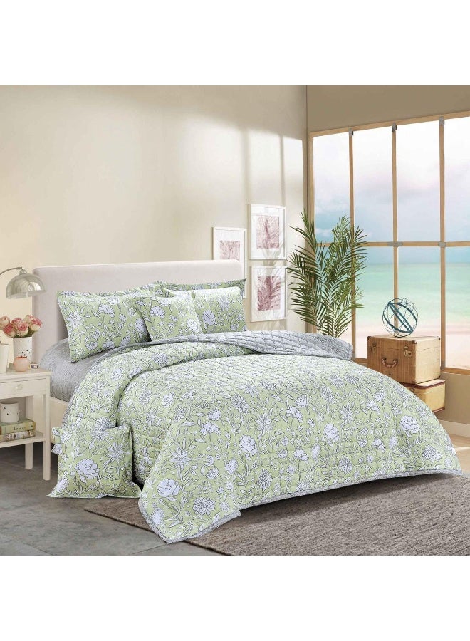 Double bed comforter set made of compressed microfiber, reversible with a floral pattern, and a pillowcase.