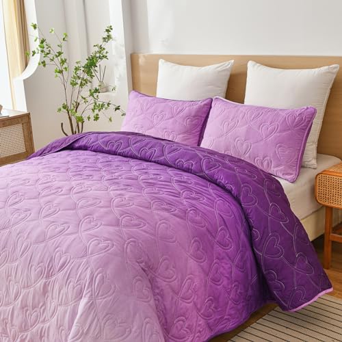 Xruibed Purple Quilt Set Queen Ombre Quilt Sets Reversible Bedding Set 3PCs Summer Lightweight Microfiber Bedspread Coverlet Sets for All Season (96''x90'') - Image 3