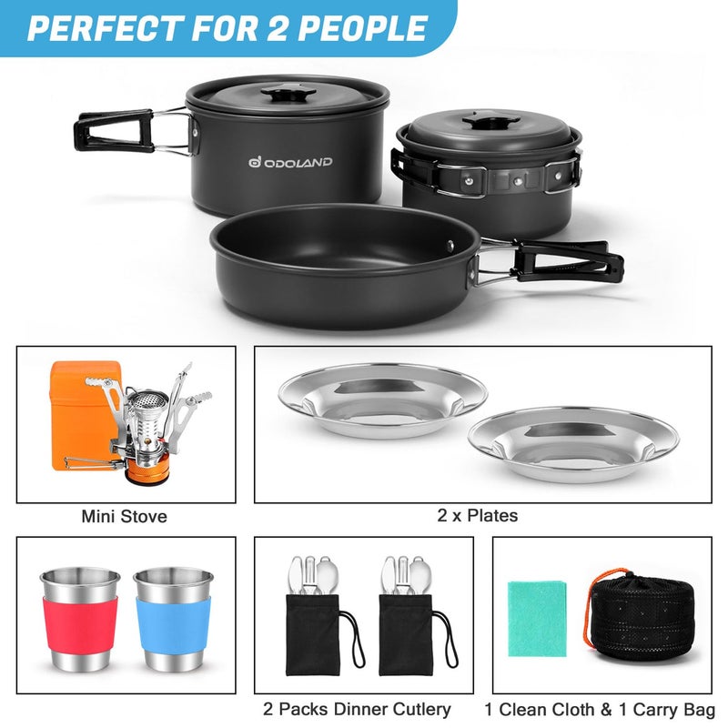Odoland Odoland Cookware Camping Set with Cooker Cookware Pan Cup Dishes Folding Cutlery Gavette for 1-2 People Lightweight and Compact for Camping Hiking Picnic Hiking - Image 2