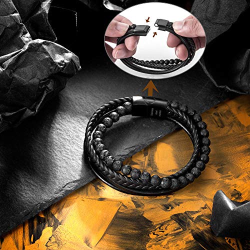 murtoo Mens Bead Leather Bracelet, Blue and Brown Bead and Leather Bracelet for Men (Black Bead) - Image 3