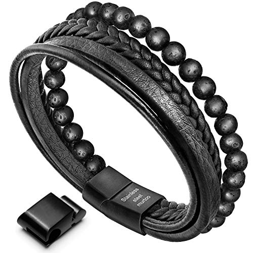 murtoo Mens Bead Leather Bracelet, Blue and Brown Bead and Leather Bracelet for Men (Black Bead) - Image 1