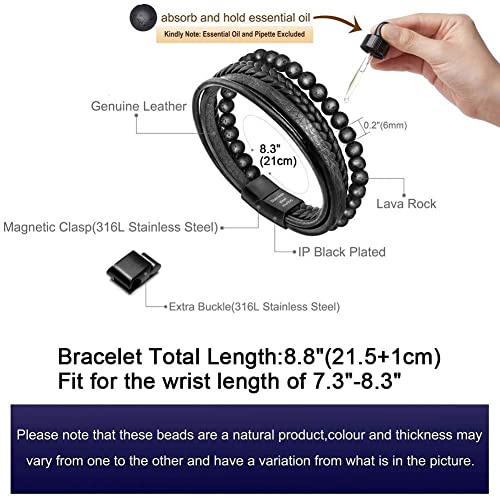 murtoo Mens Bead Leather Bracelet, Blue and Brown Bead and Leather Bracelet for Men (Black Bead) - Image 2