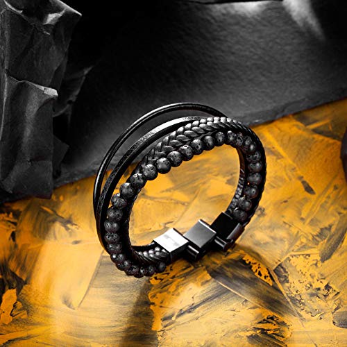 murtoo Mens Bead Leather Bracelet, Blue and Brown Bead and Leather Bracelet for Men (Black Bead) - Image 4