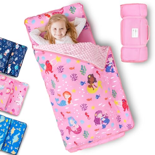 Primlect Toddler Nap Mat with Removable Pillow and Fleece Blanket Extra Large 55x35 Sleeping Bag Washable Light Easy to Roll up Perfect for Daycare Preschool Kindergarten Travel - Image 1
