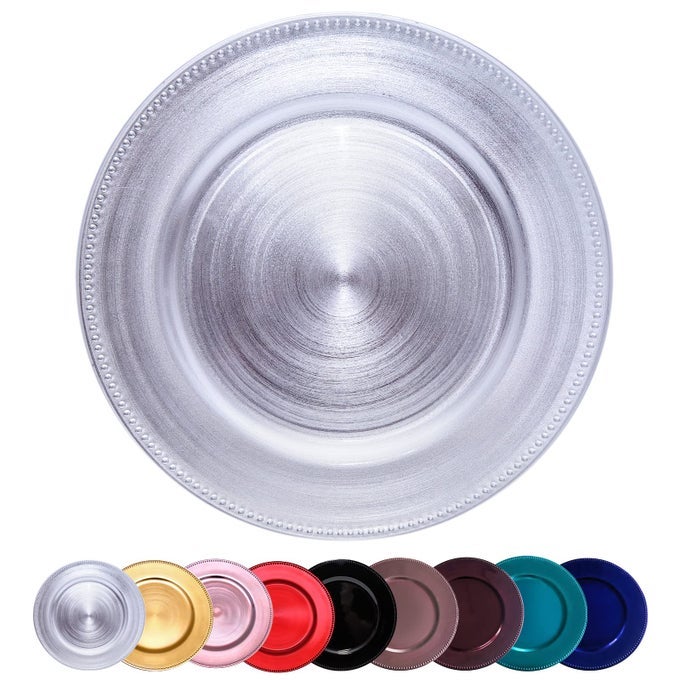 METALLIC SILVER BEAD CHARGER PLATES 13INCH SET 10PCS PLASTIC ROUND CHARGER PLATES BULK WEDDING DINNERWEDDINGPARTYEVENTDECORATIONBEADED SILVER 10