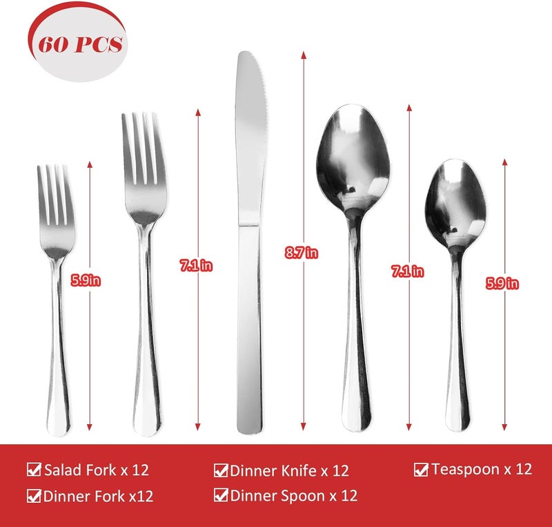 Lorena 60 PCS Windsor Silverware Set - Stainless Steel Silverware Set for 12 Kitchen Flatware Set Cutlery Set For Home Restaurant Hotel, Kitchen Dishwasher Safe Utensils Set Weddings, Parties, Gifts - Image 2