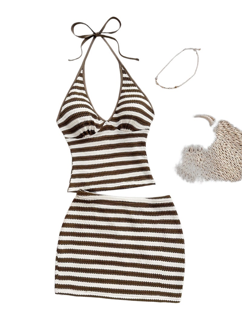 Women's Beach Vacation Casual Set with Halter Neck Top and Mini Striped Skirt - Image 1