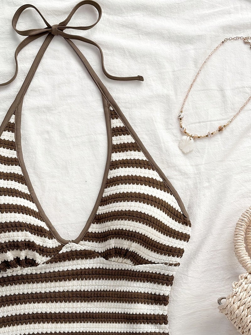 Women's Beach Vacation Casual Set with Halter Neck Top and Mini Striped Skirt - Image 5