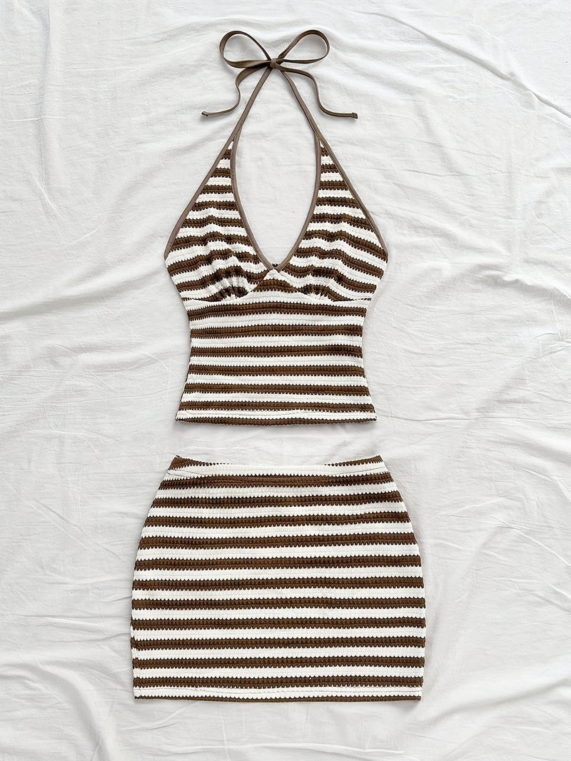 Women's Beach Vacation Casual Set with Halter Neck Top and Mini Striped Skirt - Image 3