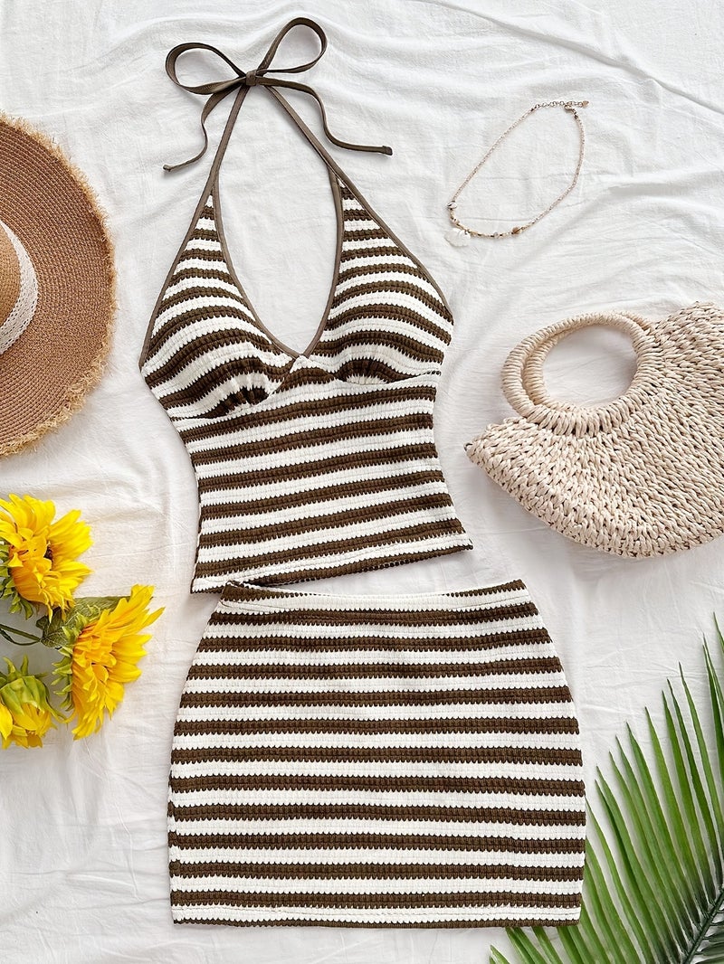 Women's Beach Vacation Casual Set with Halter Neck Top and Mini Striped Skirt - Image 2