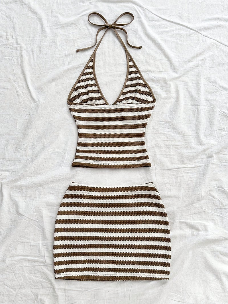 Women's Beach Vacation Casual Set with Halter Neck Top and Mini Striped Skirt - Image 4