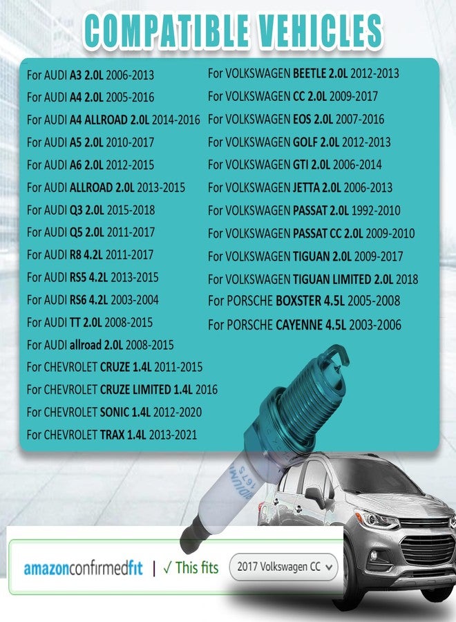 RAWOK Double Iridium Spark Plugs Compatible with Chevy Cruze Sonic Trax Volt1.4L, for AUDI A3 A4 A5 A6 Q3 Q5 R8 RS5 TT for TIGUAN VOLKSWAGEN VW CC Jetta Golf Passat 2.4L, 1675 PFR7S8EG (4 PCS) - Image 3
