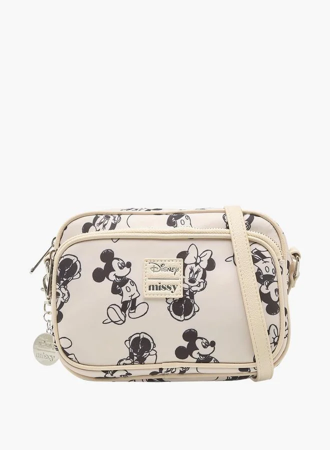 Disney Mickey and Minnie Mouse Print Crossbody Bag with Adjustable Strap and Zip Closure