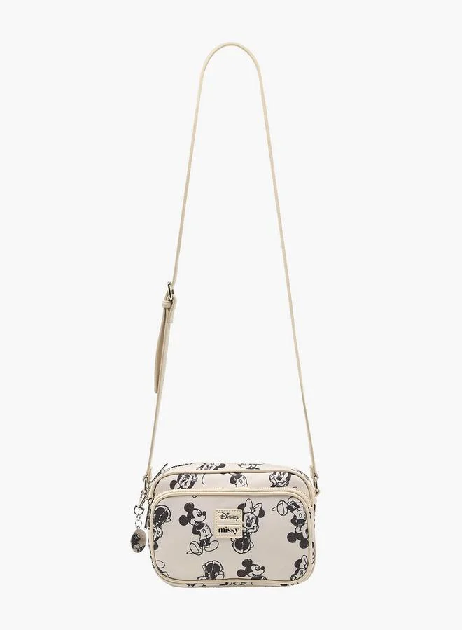 Disney Mickey and Minnie Mouse Print Crossbody Bag with Adjustable Strap and Zip Closure