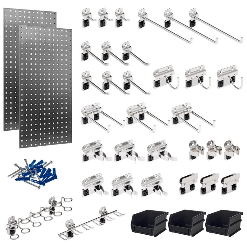 Triton Products Triton Products LB18SKit Stainless Steel LocBoard Assortment With 2 Pegboards 32 piece LocHook Assortment  3 Plastic Hanging Bins 18 x 36 x 916 